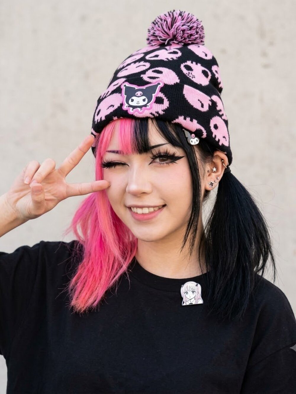 Kuromi pink and black skull Pom winter hat